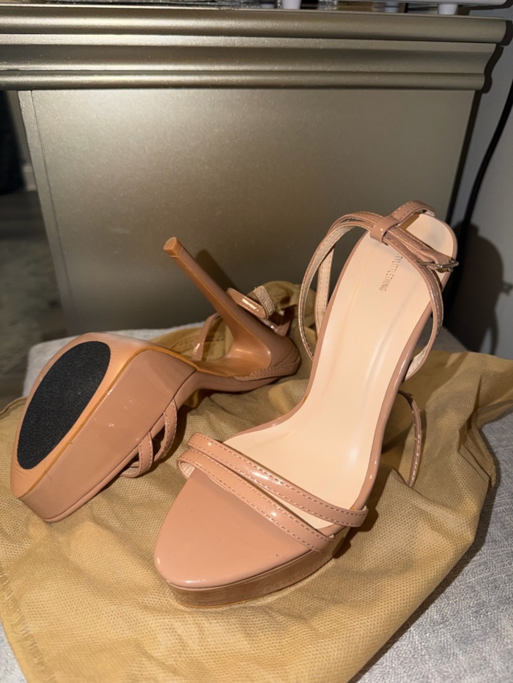PrettyLittleThing Nude Patent Strappy Platform Sandals